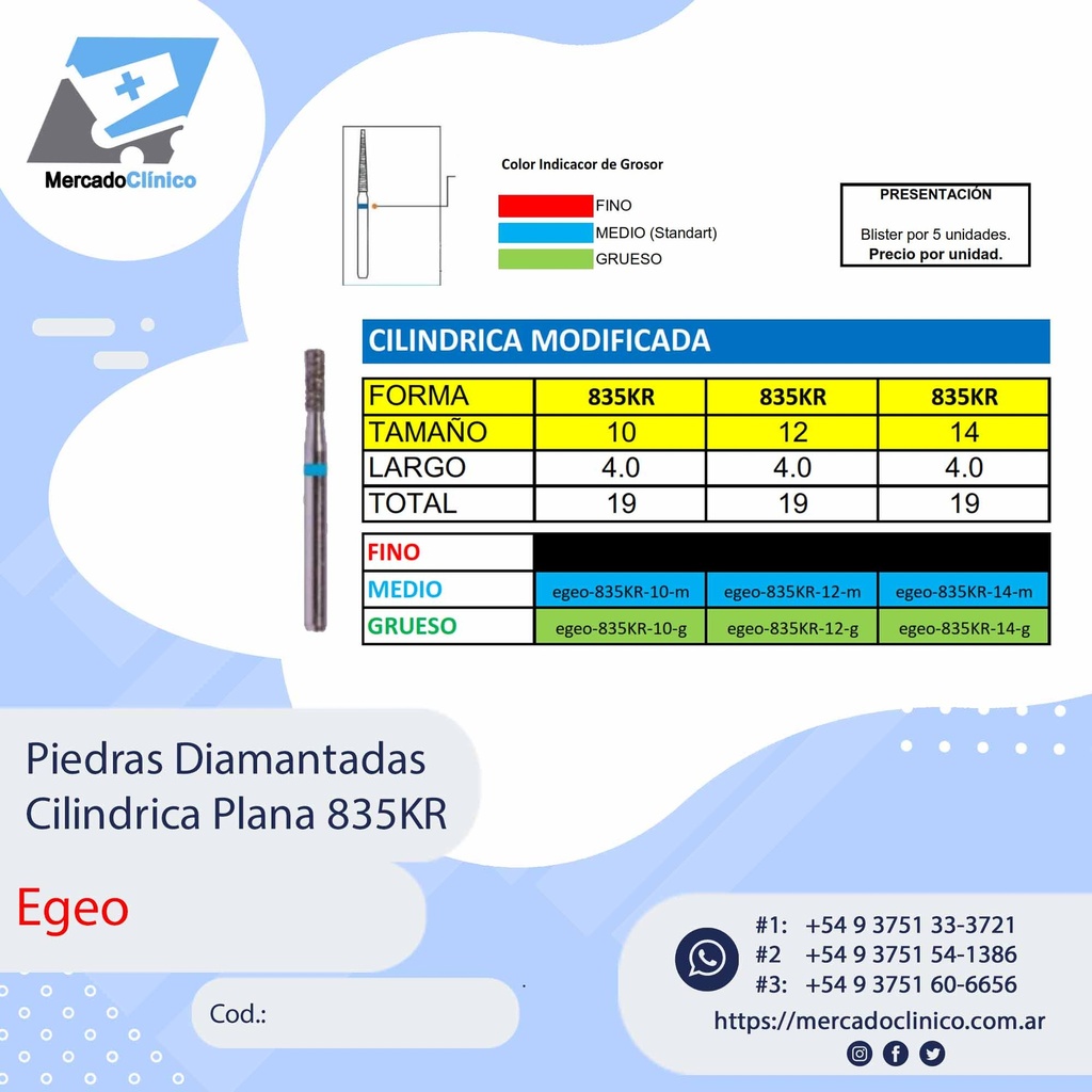 Piedras Diamantadas Cilíndrica modificada 835KR - Egeo /  Smdent