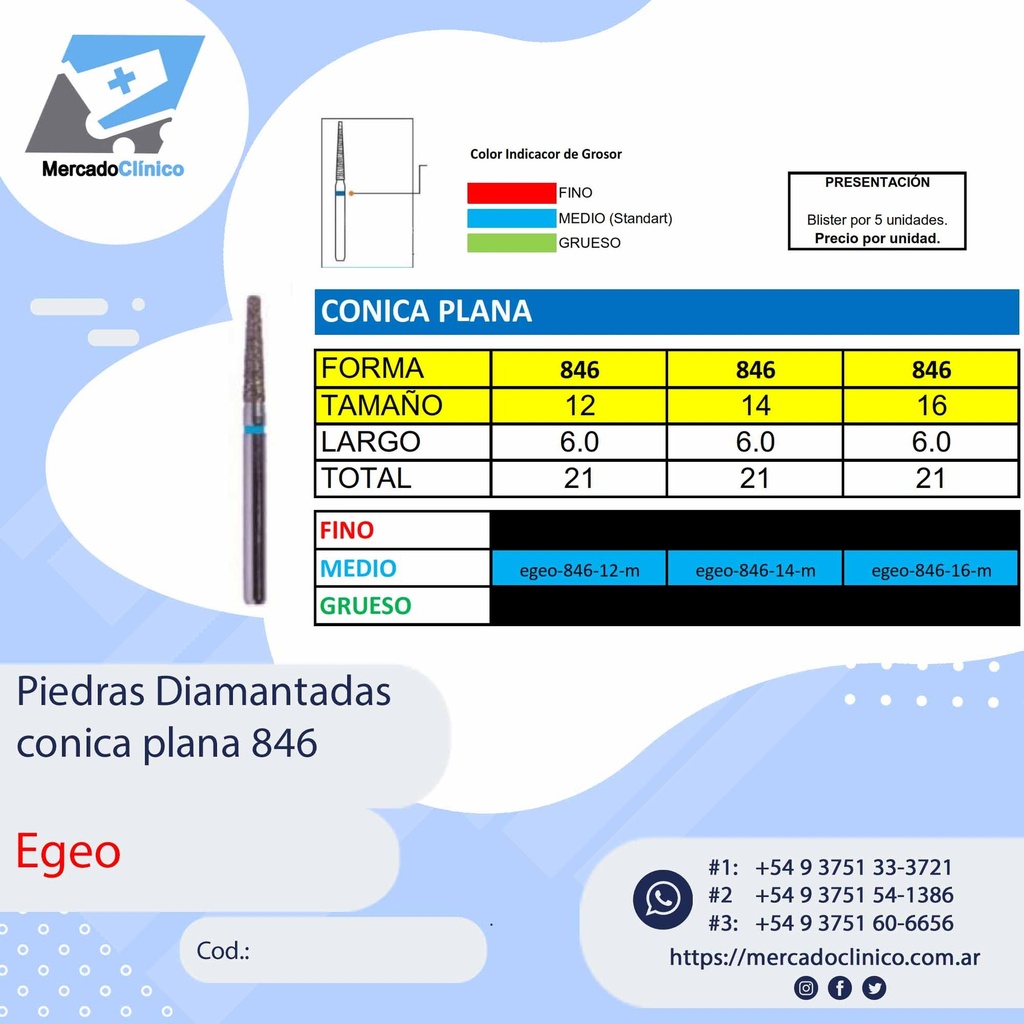 Piedras Diamantadas Cónica Plana 846 - Egeo /  Smdent