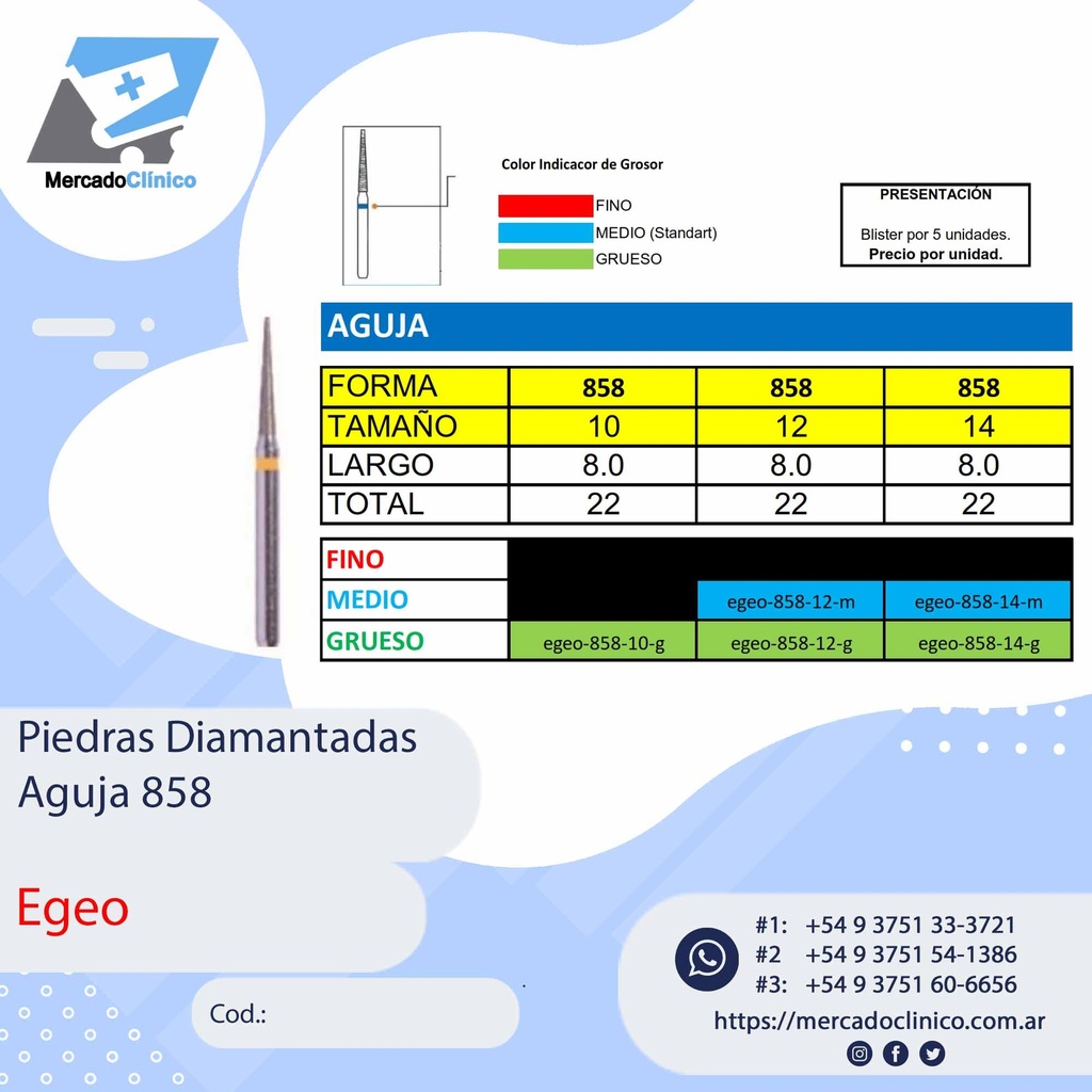 Piedras Diamantadas Aguja 858 - X 5 UNIDADES - Egeo /  Smdent