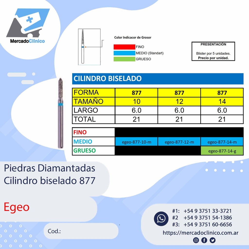 Piedras Diamantadas Cilindro Biselado 877 - Egeo /  Smdent