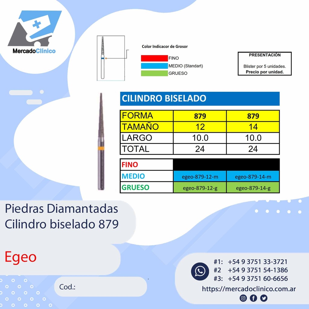 Piedras Diamantadas Cilindro Biselado 879 - Egeo /  Smdent