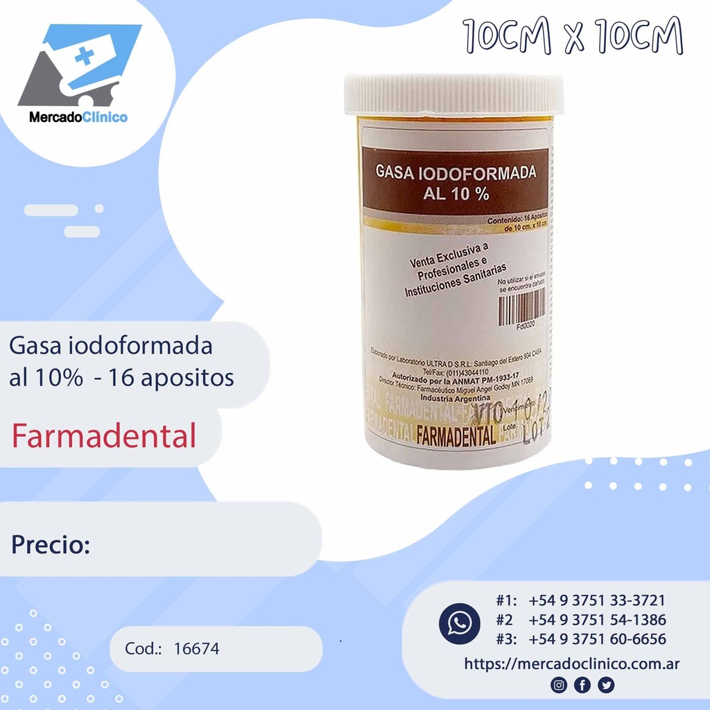Gasa Iodoformada al 10% - 16 apósitos - 10 x 10 cm - FARMADENTAL
