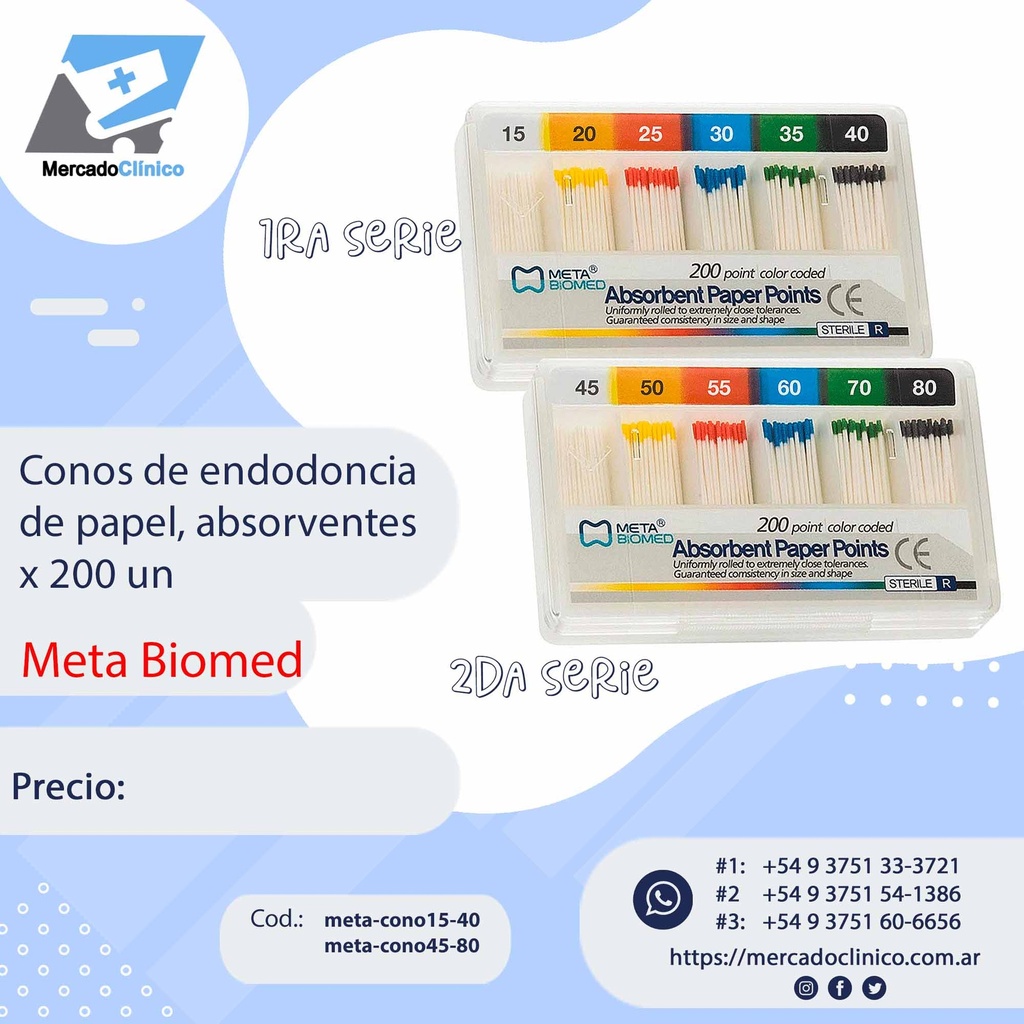 Conos de endodoncia de papel, absorbentes x 200 un - META BIOMED