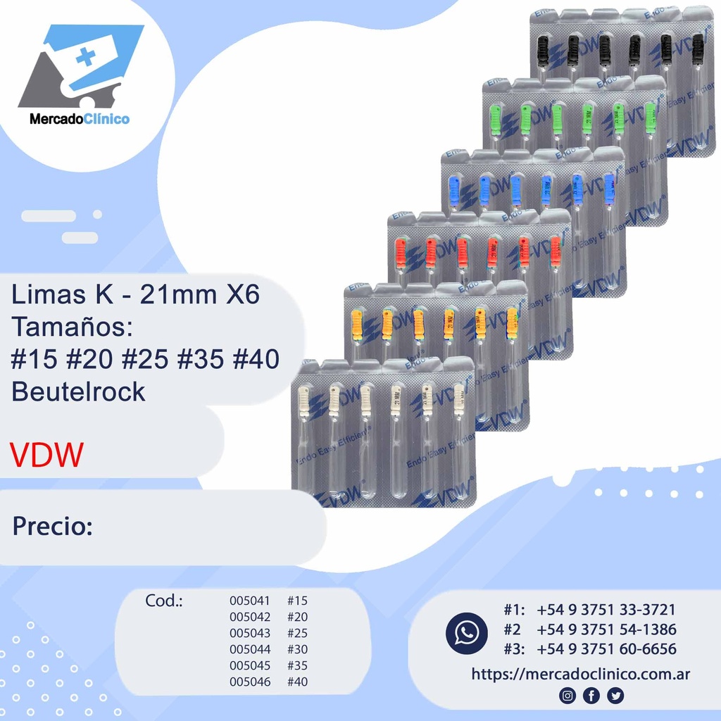 Limas K - 21mm X6 - Tamaños: #15 #20 #25 #35 #40 - Beutelrock - VDW
