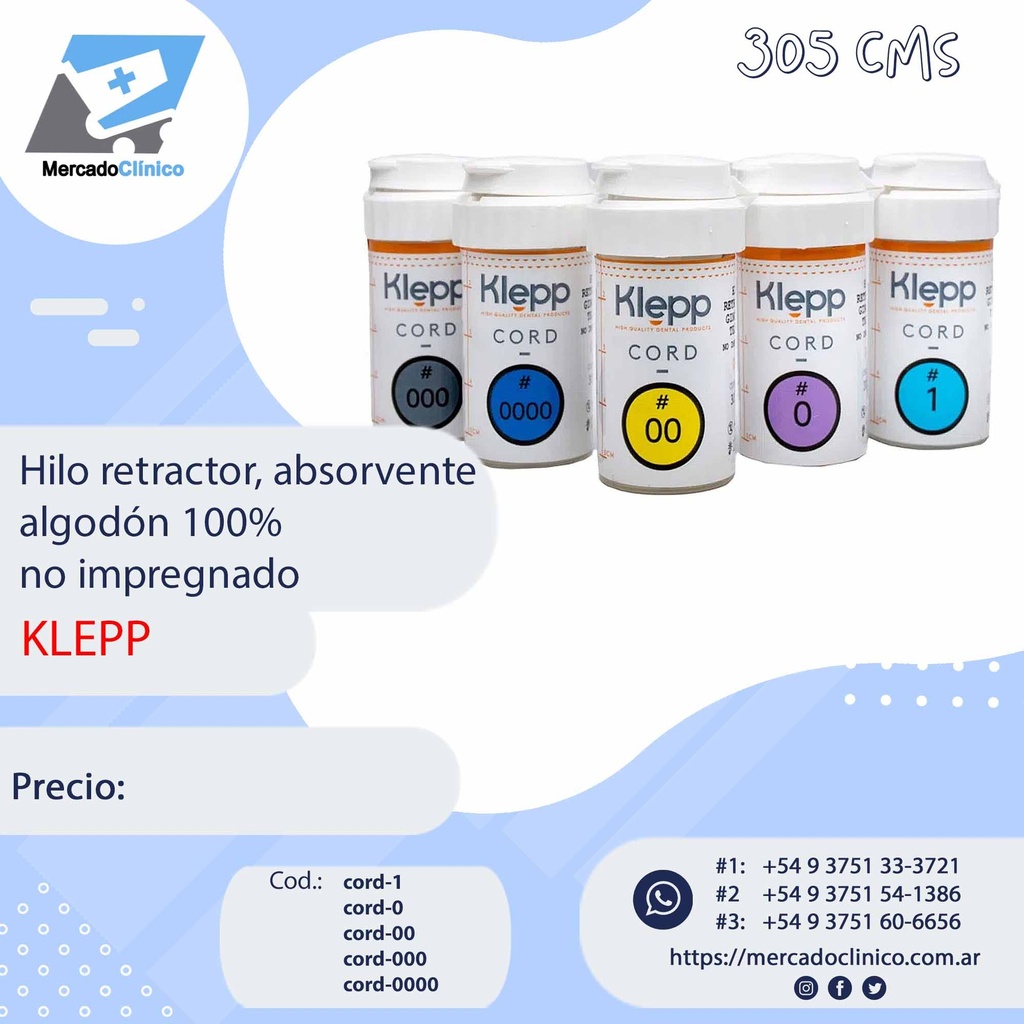 Hilo retractor, absorbente, algodón 100% 
no impregnado, KLEPP