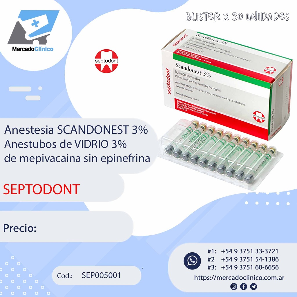 Anestesia SCANDONEST 3% Anestubos de VIDRIO 3% de mepivacaina sin epinefrina - x 50 unidades / anestubos -Septodont
