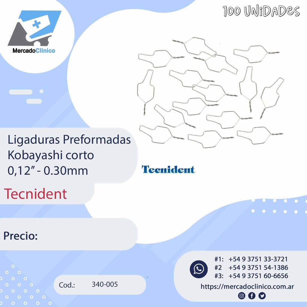 Ligaduras preformadas 0,12" - 0.30mm - Kobayashi Corto - Tecnident