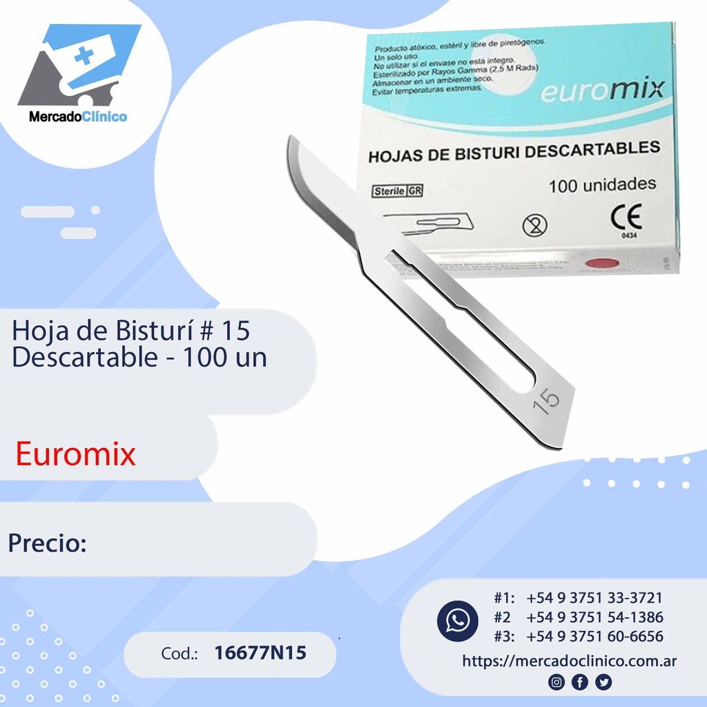 Hoja de Bisturi # 15 - descartable - 100 Unidades - Euromix
