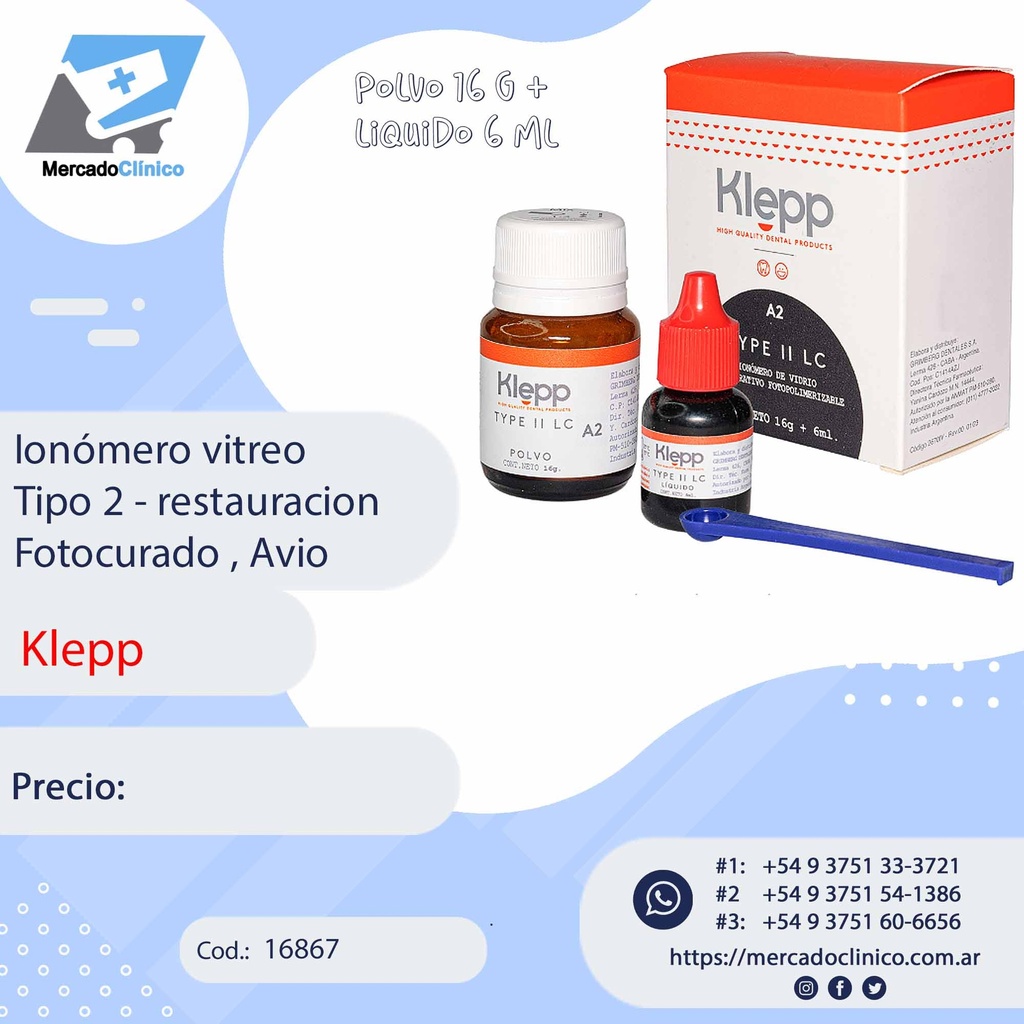 Ionómero vitreo Tipo 2 LC- restauración Fotocurado , Avío - Klepp