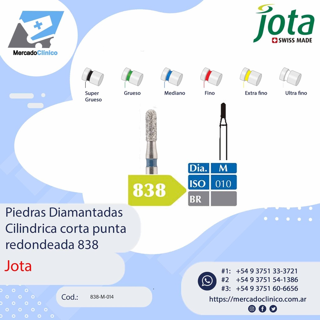 Piedras diamantadas- cilíndrica corta punta redondeada 838 - x unidad - Jota