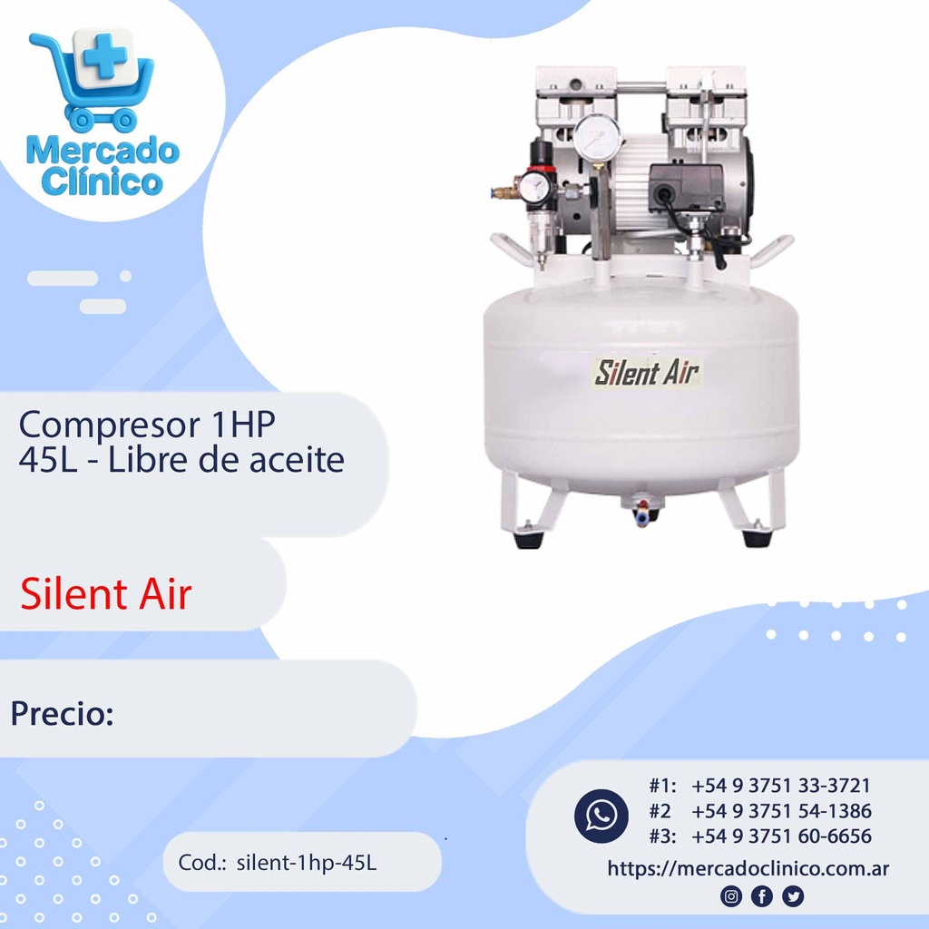 Compresor 1HP 45L - Libre de aceite - Silent Air
