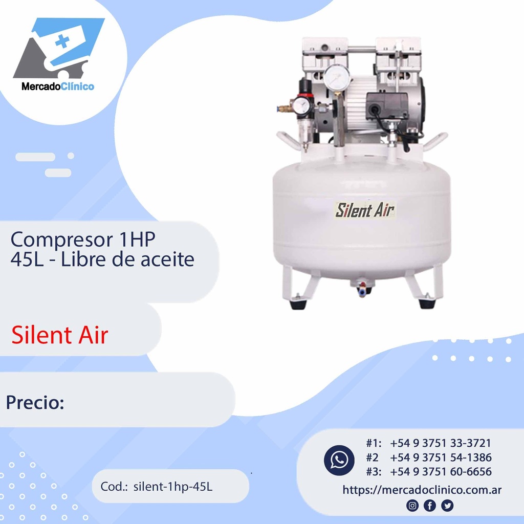 Compresor 1HP 45L - Libre de aceite - Silent Air