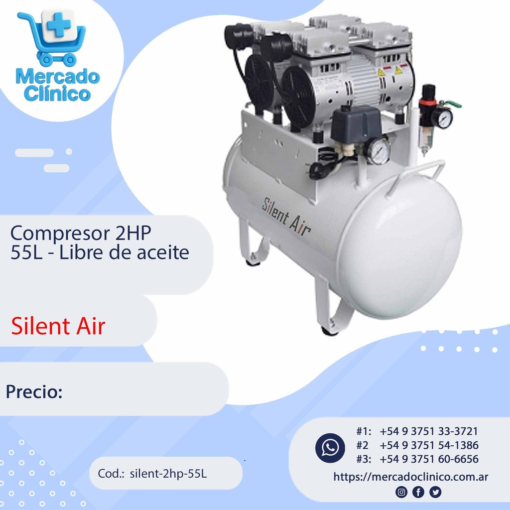 Compresor 2HP 55L - Libre de aceite - Silent Air