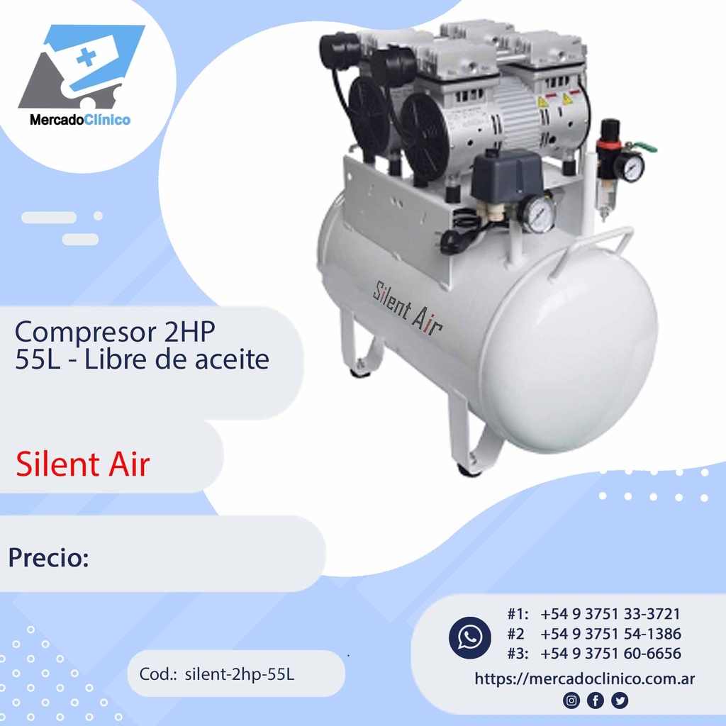 Compresor 2HP 55L - Libre de aceite - Silent Air