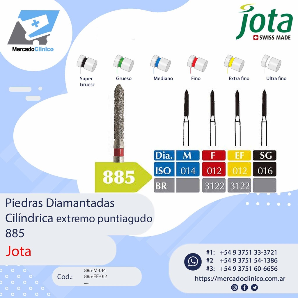 Piedras diamantadas- Cilíndrica extremo puntiaguda -  885 - x unidad - Jota