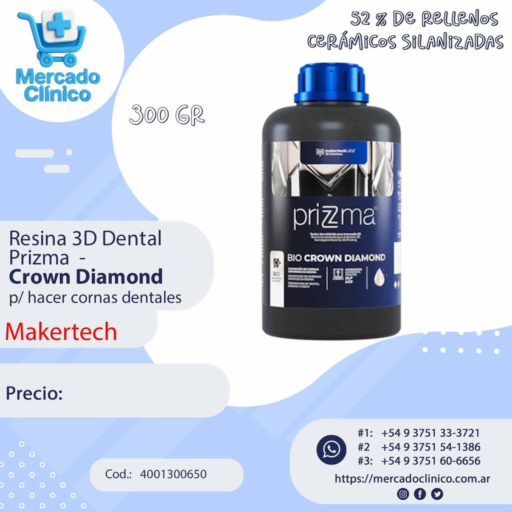 Resina 3D Dental Prizma  - Crown Diamond  p/ hacer cornas dentales  -  300gr- Makertech