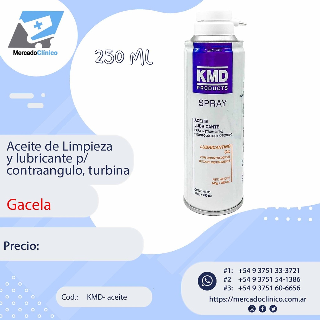 Aceite de Limpieza y lubricante p/ contraangulo, turbina - 250 ml - KMD