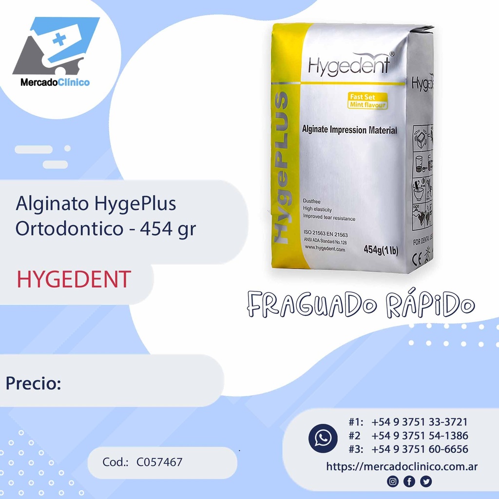 Alginato ortodóntico HYGEPLUS, x 454g. HYGEDENT