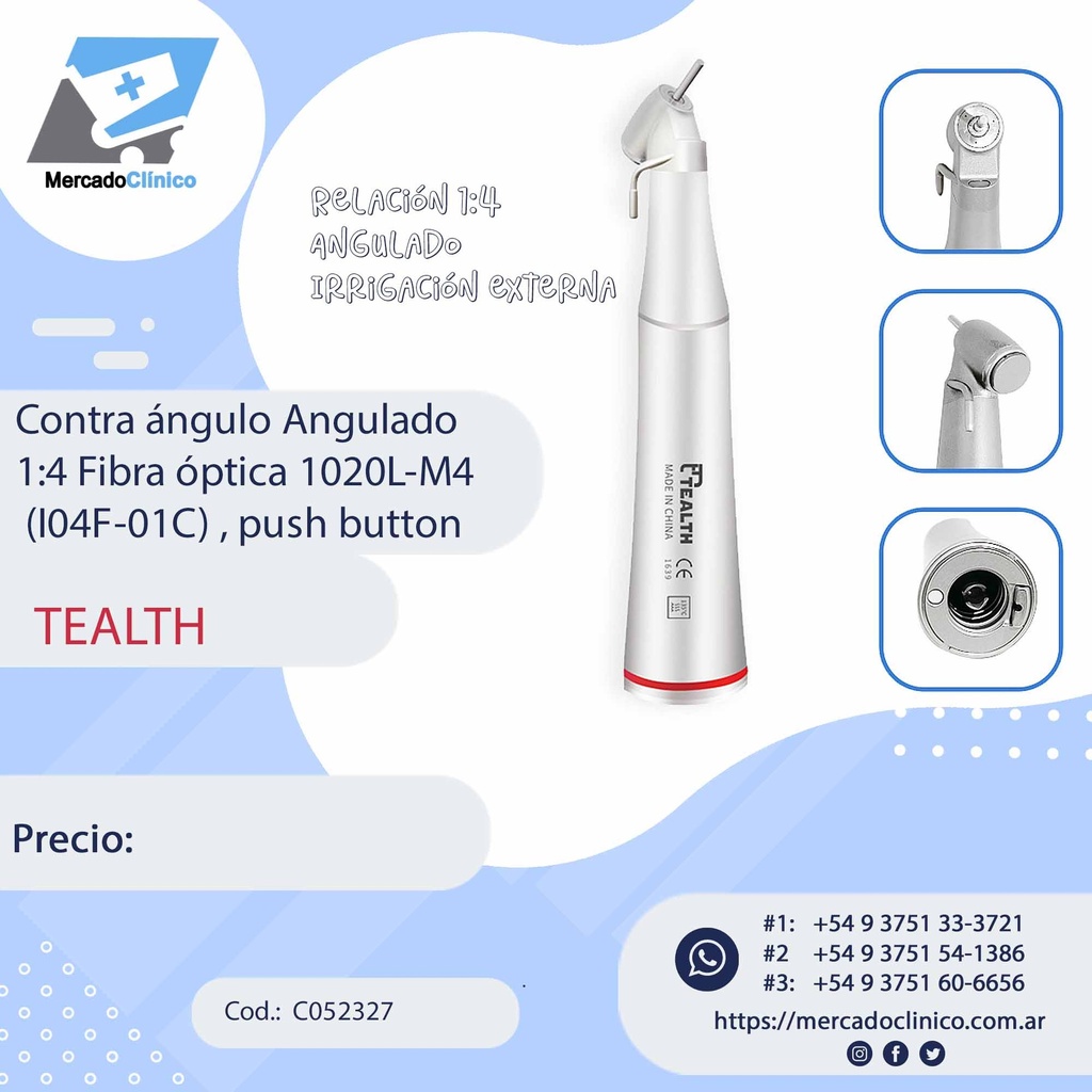 Contra ángulo Angulado 1:4 Fibra óptica 1020L-M4
 (I04F-01C) , push button - Tealth