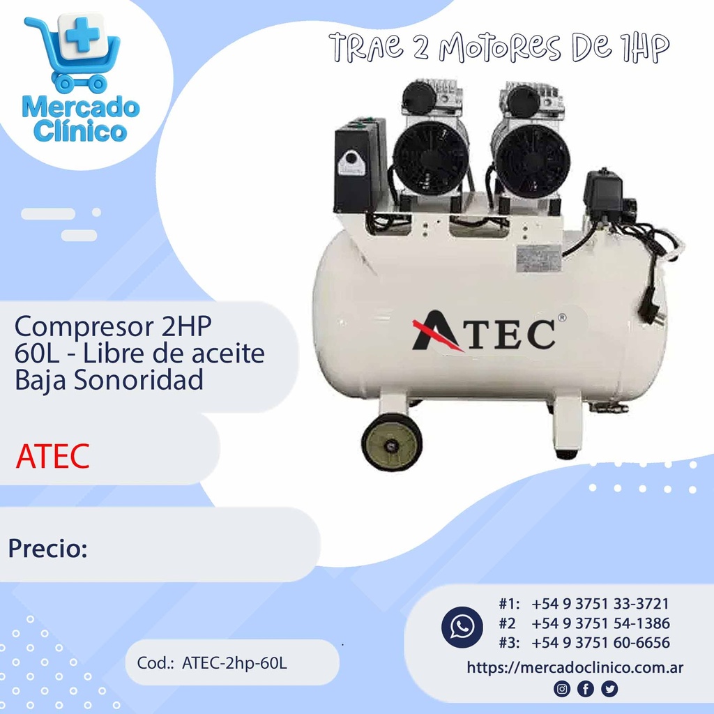 Compresor 2HP 60L - Libre de aceite - Baja Sonoridad - ATEC