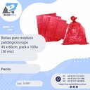 Bolsas para residuos  patológicos rojas  45 x 60cm, pack x 100u (30 mic)